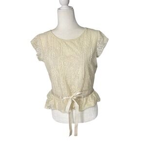 JOHN PAUL RICHARD Ivory Lace Peplum Ribbon Tie Cap Sleeve Blouse Shirt Womens S
